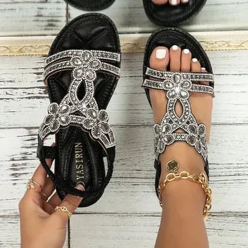 New Crystal Wedge Gladiator Sandals Women Summer Elastic Band Clip Toe Thong Sandals Plus Size Non Slip Boho Beach Shoes Woman 2