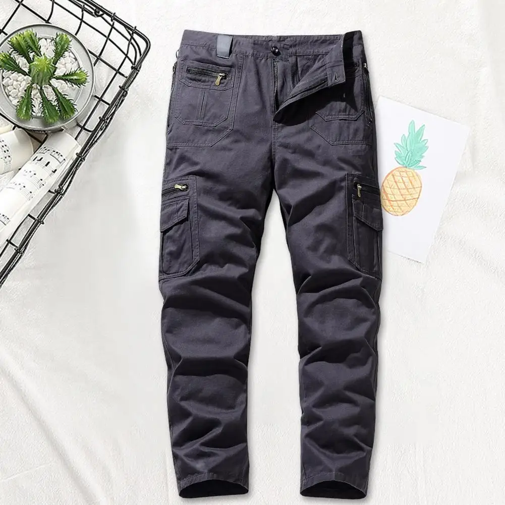 Men Cargo Pants Zipper Closure Men Pants Versatile Men's Streetwear Trousers Multi-pocketed Loose-fit Soft Cotton for Fall