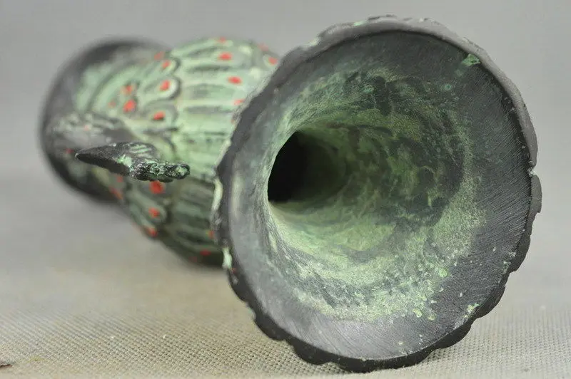 Collectible Handwork Old Bronze Carving Peacock Auspicious Vase 5