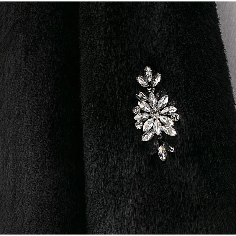 Abrigo de piel con joyería vintage para mujer, chaqueta holgada de manga larga con cuello redondo y felpa negra de invierno, abrigo grueso y cálido elegante para mujer