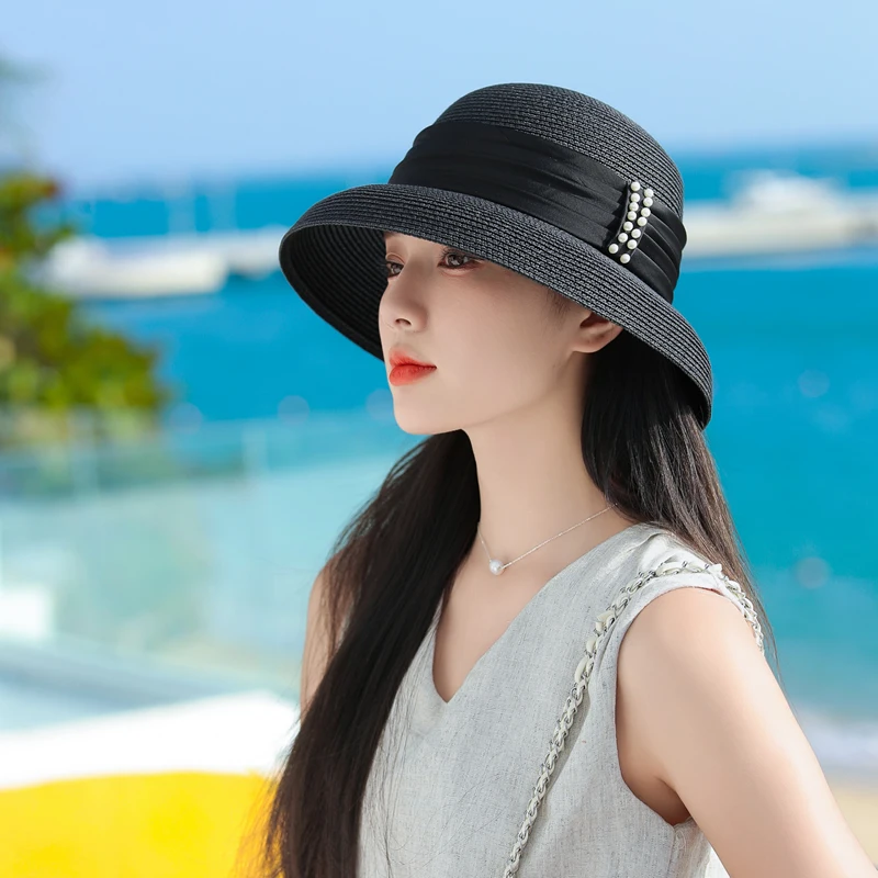 Straw Hat for Women Sunscreen Holiday Travel Beach Cap Retro Hepburn French Style Bucket Hat Pearl Decoration Fisherman Sun