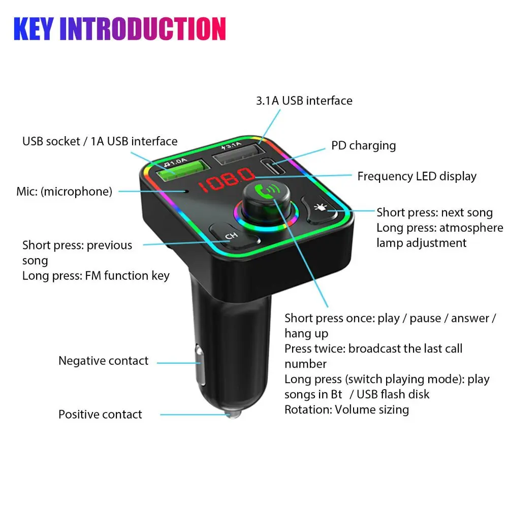 Podofo Car Wireless FM Transmitter Adapter BT 5.0 2 USB Charger Type-C Car Charger FM Transmitter
