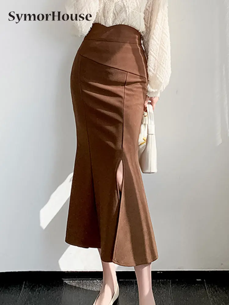 

2023 Spring Summer New Korean Fashion Office Lady Split Skirt Women High Waist Black Stretch Wrap Hip Mermaid Midi Skirts Female