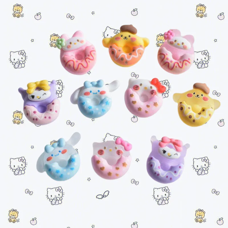 

10Pcs Kawaii Sanrio Accessory Diy Material Hellokittys Mymelody Cute Anime Phone Case Hair Ornament Doughnut Resin Girls Gift