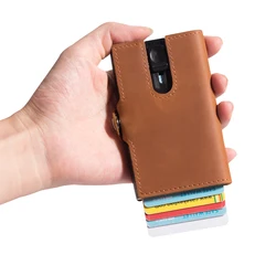 Dropshipping Custom Brand Crazy Horse Genuine Leather Pop Out Credit Wallet RFID Blocking Slim Smart Card Holder for Men Women
