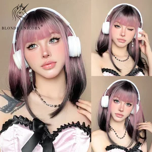 Blonde Unicorn Long Black Pink Straight Synthetic Wigs with Bangs Daily Party Cosplay Wigs for Women Heat Resistant Fiber Hair