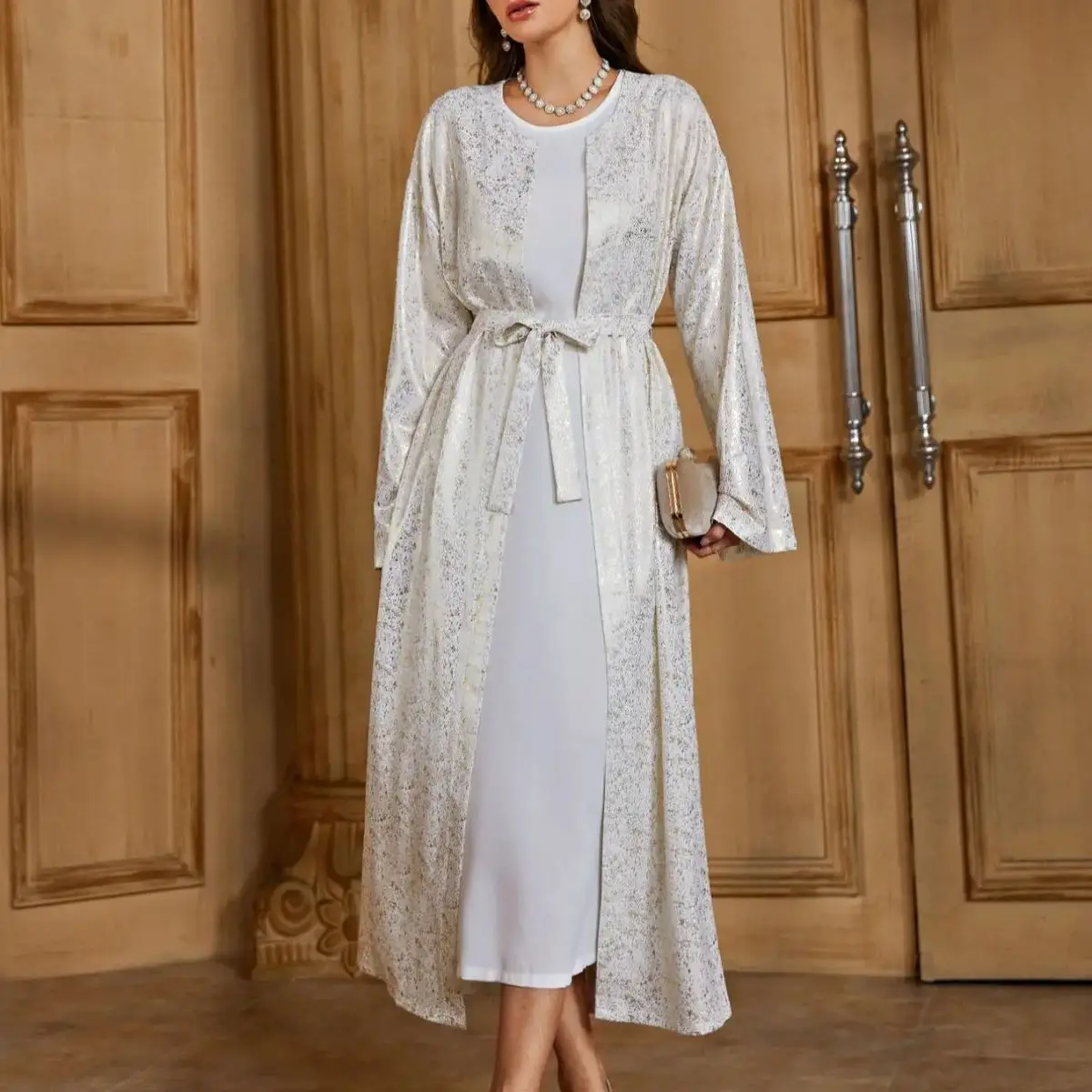 Abaya for Women Muslim Gilded Outer Robe Sleeveless Dress Two Piece Cover Robe Dubai Turkey O-neck Abaya with Belt Clothing