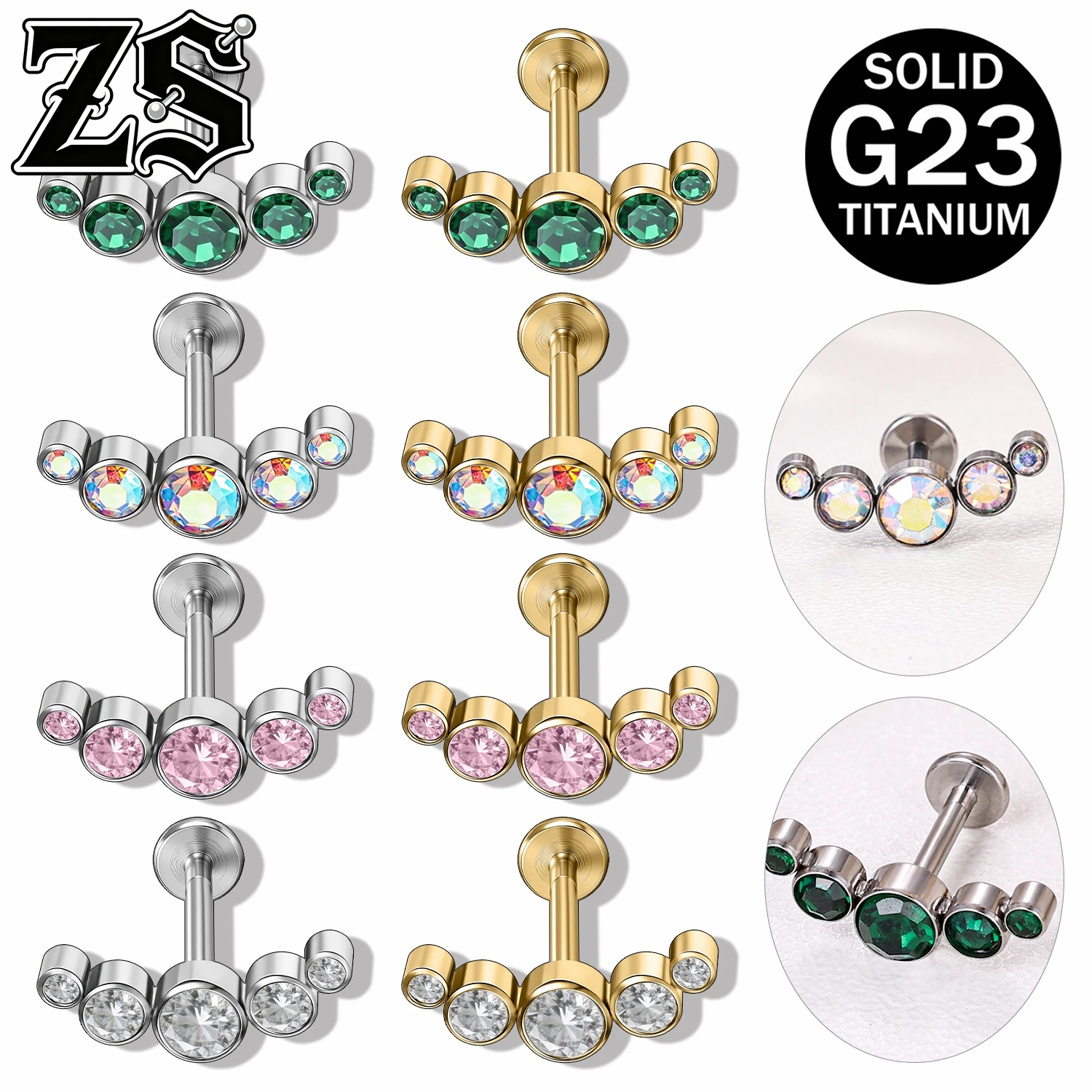 ZS 1 PC 내부 나사산 ASTM F136 티타늄 립 스터드 여성용 지르콘 귀걸..