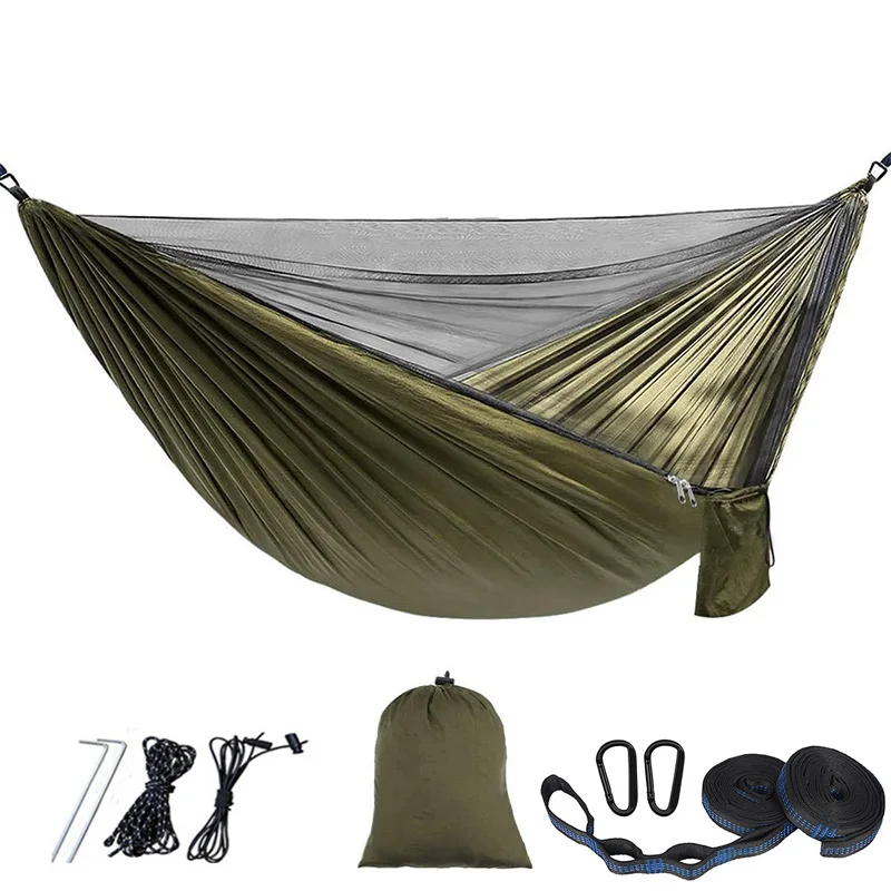 camping hammock 290 x 140cm Ultralight double hammock with mosquito net 300kg load Quick-drying parachute nylon hammock 