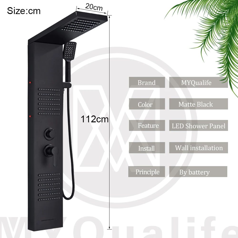 Matte Black LED Shower Panel Waterfall Rain Shower Faucet Set SPA Massage Jet Bath Column