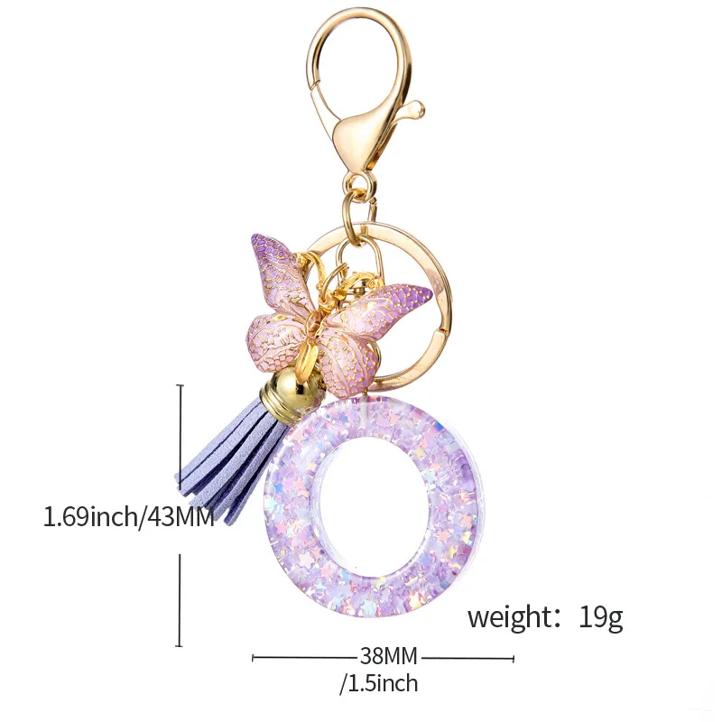 Personalized Initial Letter Keychain For Women & Girls - Crystal Drip Design With Butterfly & Tassel, Purple