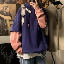 

False Two-Piece Sweaters Trendy Loose-Fitting Hoodie Long Sleeve Autumn and Winter Thickening Student Coat