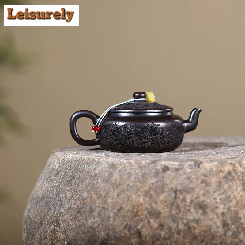 200ml Yixing Purple Clay Teapots Artists Handmade Asahi Hat Pot Raw Ore Antique Brass Mud Kettle With Strainer Zisha Teaset Gift