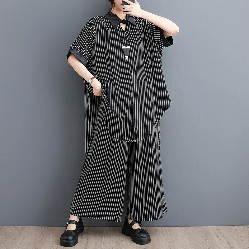 

2023 Loose Blouse High Waist Wide Leg Pants 2 Piece Fashion Women Summer Clothes Sets Suit Striped Chic Girl's Lady Casual Sets