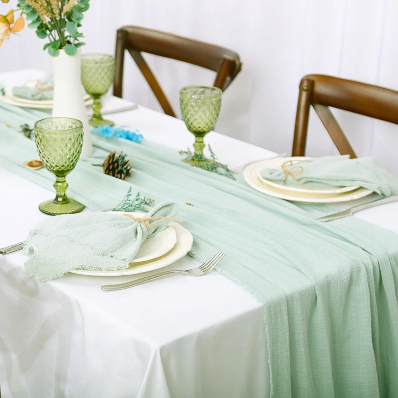 

Light Green Table Runner Cheesecloth Gauze Cotton Fabric Fringed Semi-Sheer Rustic Boho Weddings Party Bridal Shower Decorations