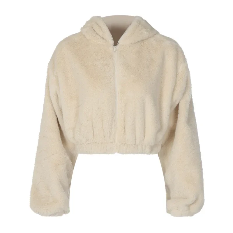 Autumn Winter Fashion Cardigan Zipper Hooded Plush Long Sleeve Top for Women