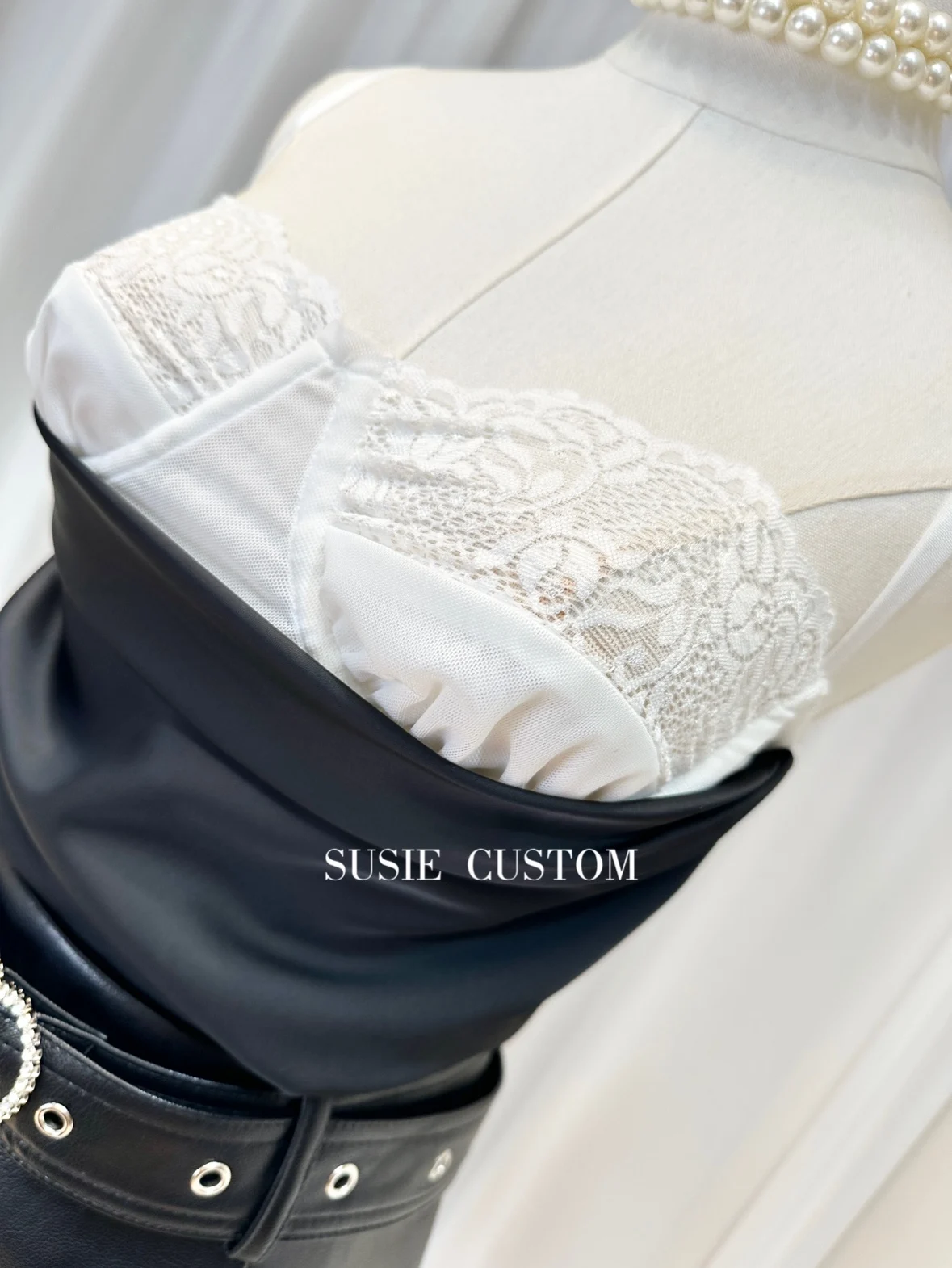 Sexy Fashion Black White Stitching Lace Satin Sling Tops High Waist Slim Fit Buckle Leather Skirt Women's Summer Two-Piece Set