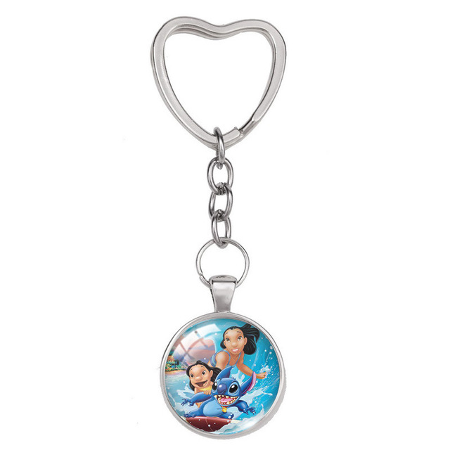 Lilo & Stitch Anime Figure Alloy Glass Heart-shaped Key Ring Key Chain Bag Accessories Children's Toys Birthday Gifts