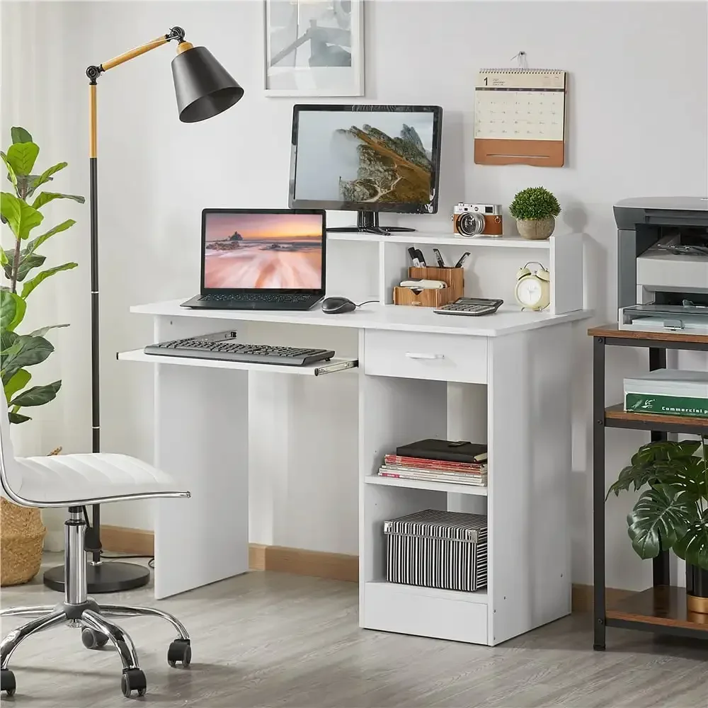 Wooden Home Office Computer Desk with Drawers and Keyboard Tray, White