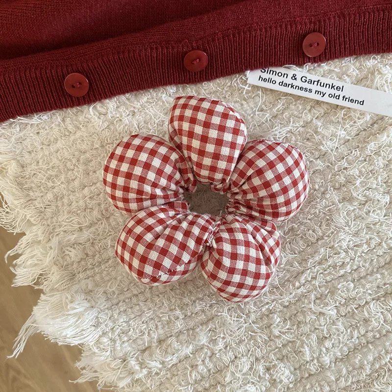 Red Cotton Cute Floral Hair Band with Bow and Plaid Design