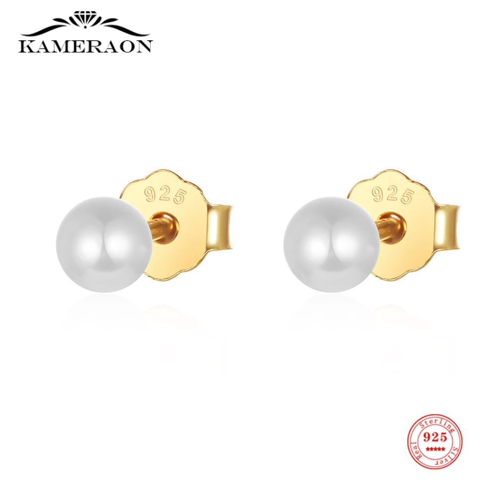 

S925 Sterling Silver Stud Earrings White Round Shell Simulated-pearl Gold Plated Jewelry for Women Girls Gift Small Earrings