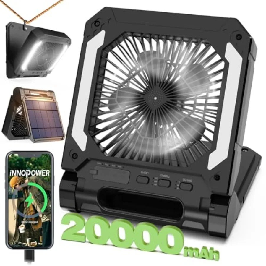 20000mAh Portable Fan Rechargeable with Solar Panel 2-in-1 3 Speeds Cordless Battery Powered Fan with Led Lantern Timer Quiet U