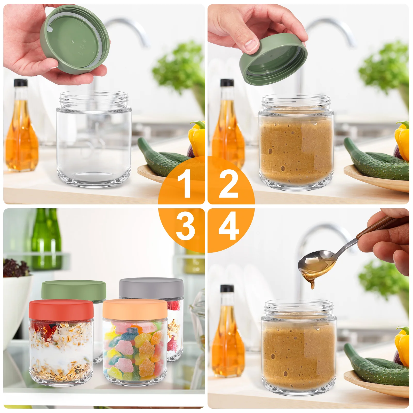 Overnight Oats Jar Clear Glass Storage Jar Sealed Lids Leakproof Fruit Yogurt Storage Containers Food Tank 4Pcs
