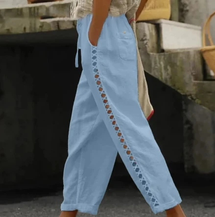 Women Fashion Embroidered Lace Trousers Vintage Lace-Up Pockets Pants Summer Elegant Loose Elastic Waist Long Pants Streetwears