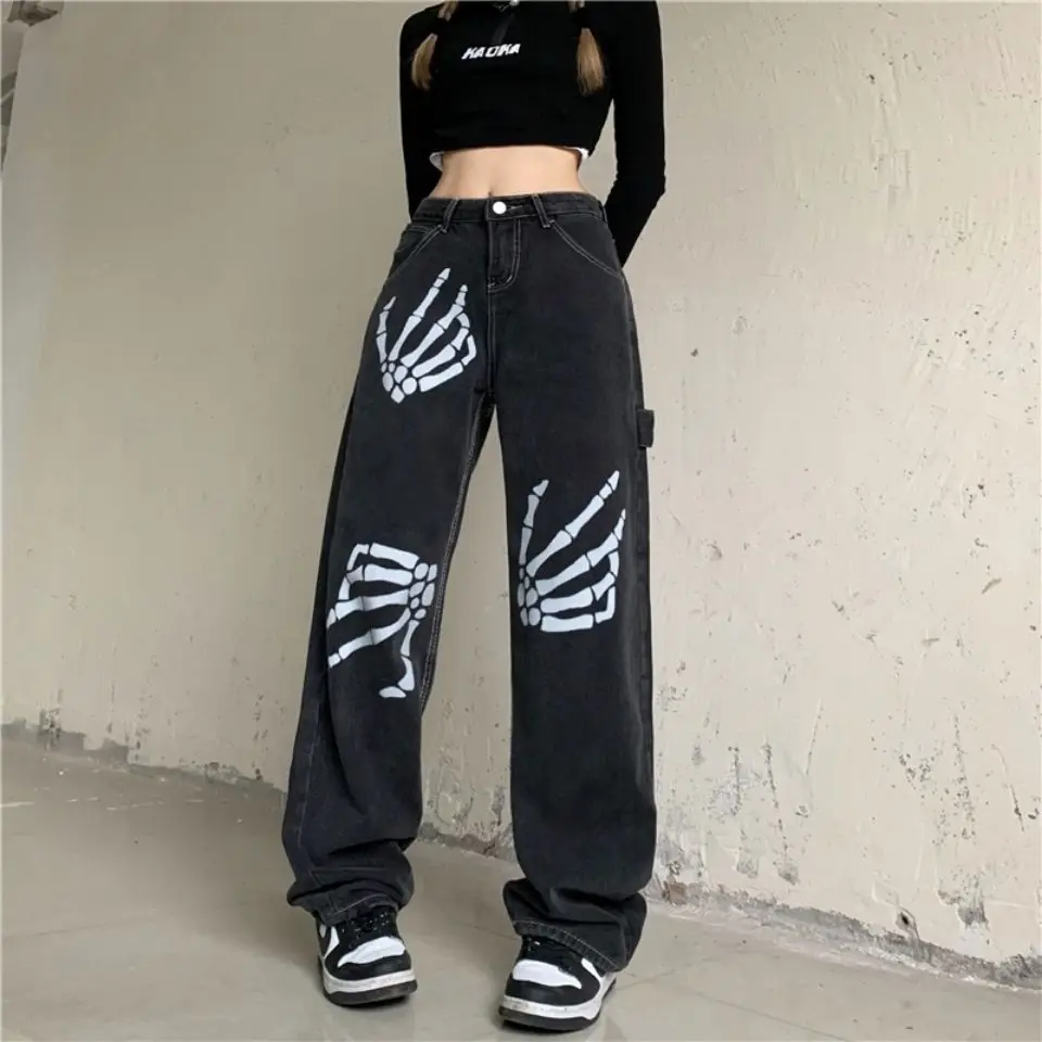 Hiphop Streetwear Women Black Jeans Spring Autumn New Straight Pants Y2K Vintage Loose Oversize Print Casual Wide Leg Trousers printed baggy y2k jeans women s low waist jeans spring autumn oversize wide leg loose trousers casual cargo pants streetwear