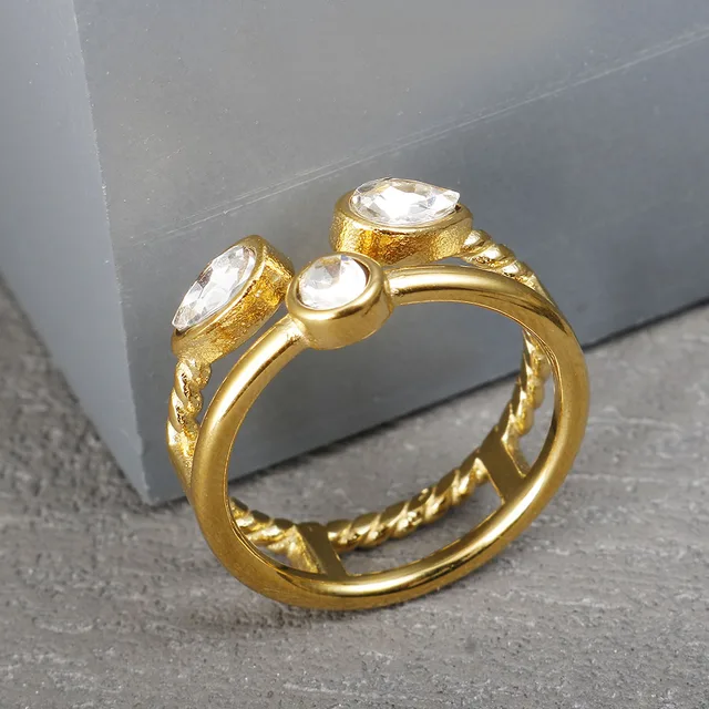Crystal High End Non Tarnish Fashion Geometric Open Gold Plated Stainless Steel Rings for Women Wedding Ring Jewelry 1