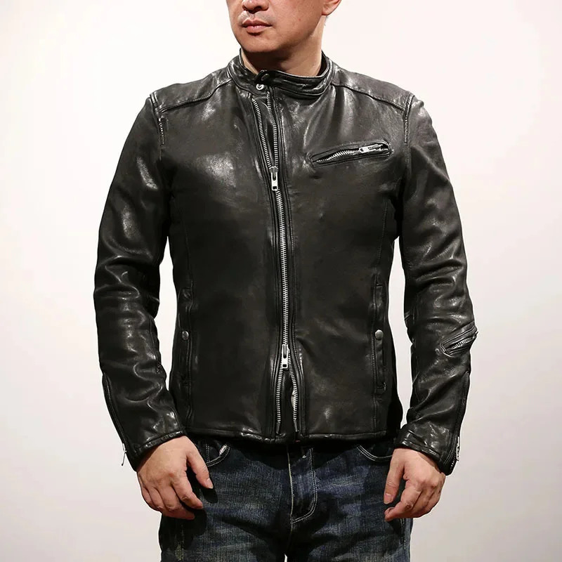 

Free shipping.luxury brand.Men slim fit comfortable tanned sheepskin jacket.Popular Korea genuine leather coat.Vintage.