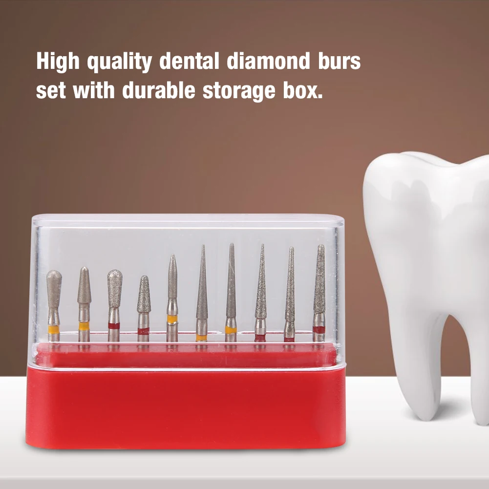 

10pcs/1set Dental Diamond Burs FG 1.6mm High Speed Handpiece Emery Bits Dental Emery Red Yellow Bur Set With Durable Storage Box