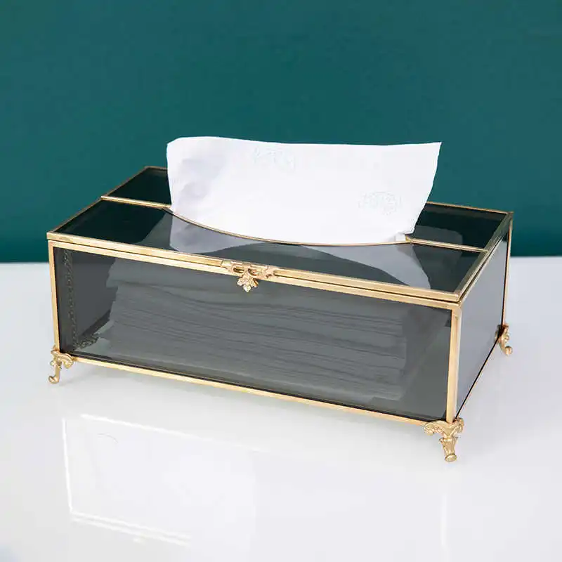 Vintage Brass Glass Tissue Box Living Room paper Storage Holder Tea Table Desktop Paper Box Hotel Restaurant Tissue Organizer 5