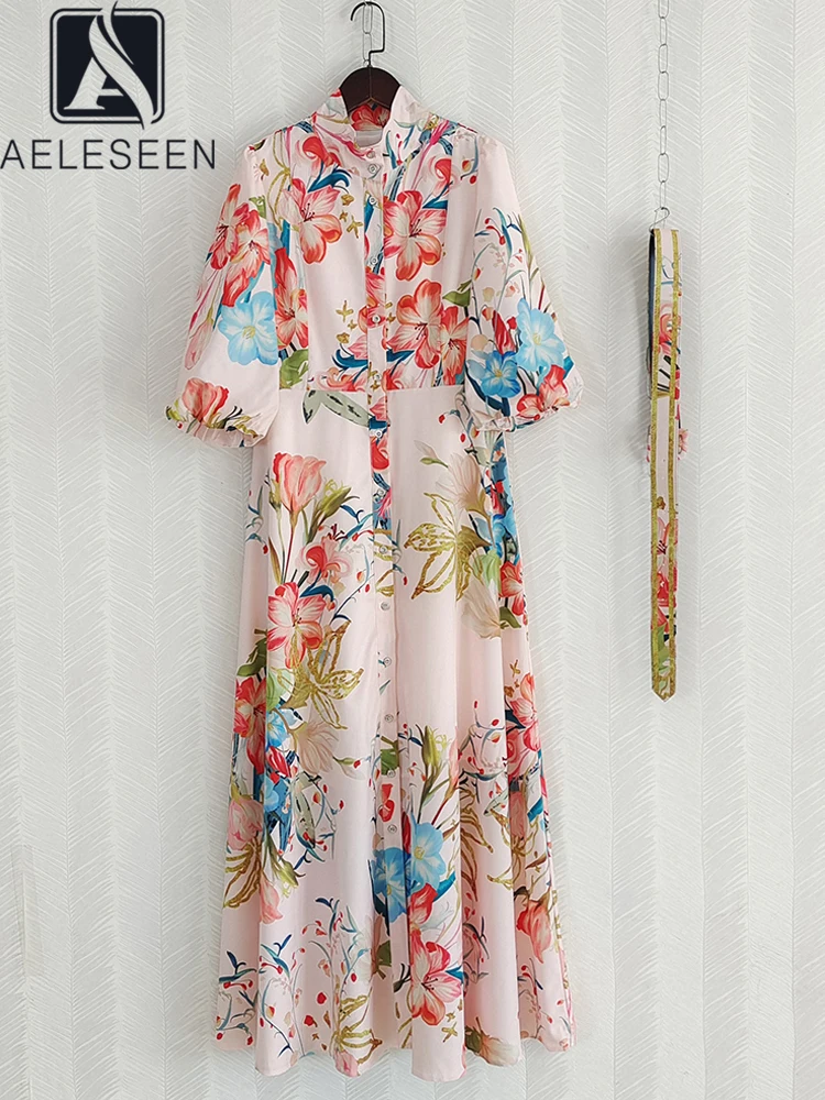 

AELESEEN Bohemian Summer Long Dress For Women Lantern Sleeve Colorful Flower Print Pink Black Belt Single-breasted Party