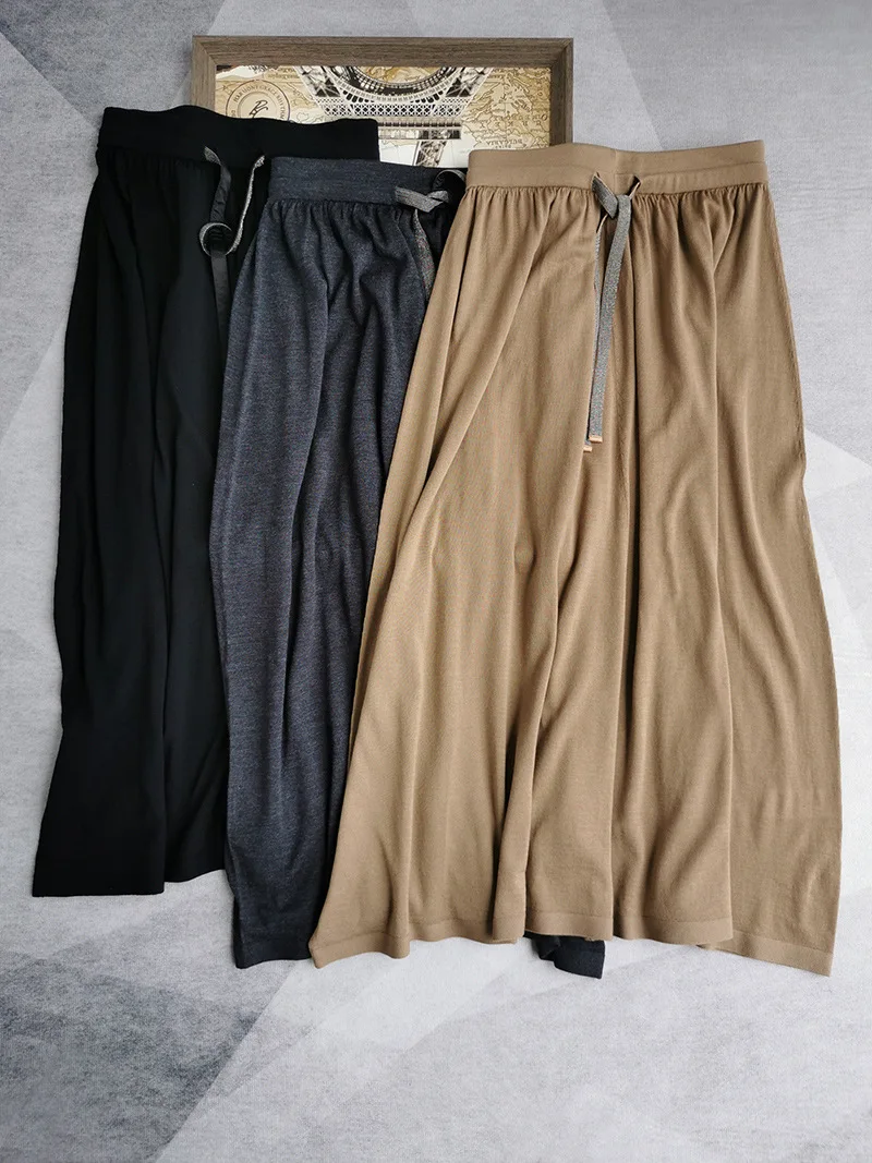 

Women Beaded Drawstring A-Line Midi Skirt Wool Simple Fashion High Waist Long Jupe Autumn New 2023