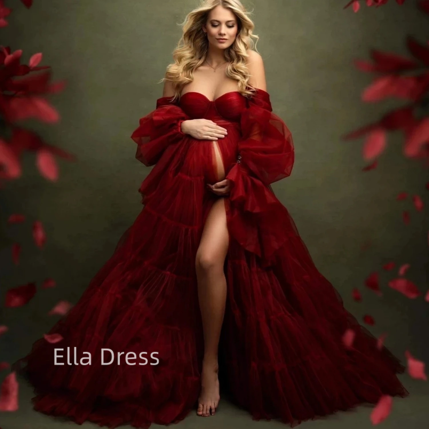 

Ella Burgundy Shaggy Tulle Maternity Off-The-Shoulder Gorgeous Ruffled Gown