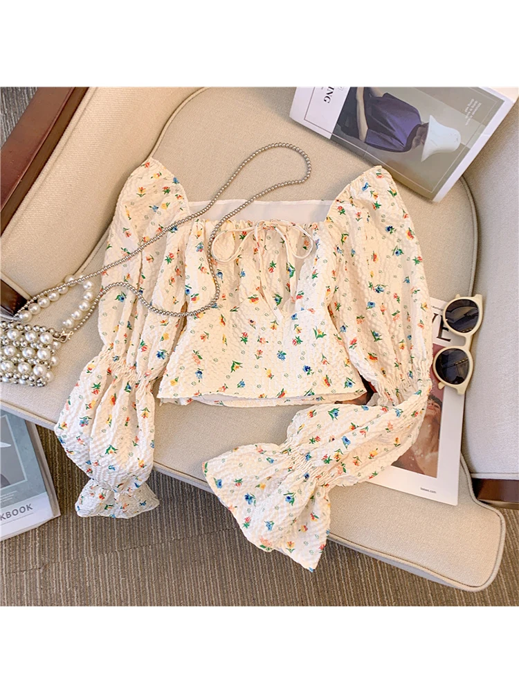 

Women's Flower Print Kawaii Shirt and Blouses Korean Harajuku Y2k Fashion Vintage Long Sleeve Square Collar Shirts Tops Clothes