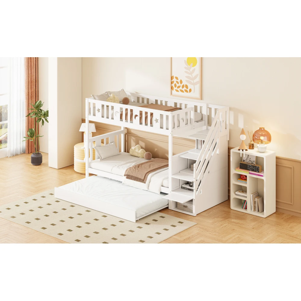 Kinderbett 90*200cm, Etagenbett aus Massivholz mit Sicherheitstreppe, Stauraumtreppe, zwei große Schubladen und Gitter, Weiß – Detail 30