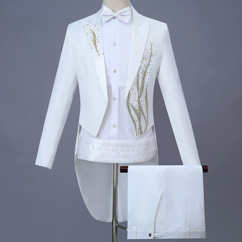 

Mens Gold Diamond Embroidery Tuxedo Tailcoat Slim Fit 4 Ppcs Dress Suit Men Party Wedding Dinner Jacket Swallow-Tailed Coat