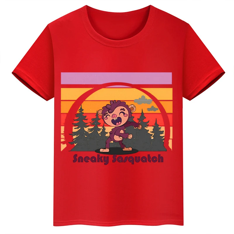 thumbnail image 1 of Camiseta de algodón roja de manga corta de verano para niños y niñas con estampado de cabeza grande de Sasquatch furtivo, 1 of 5