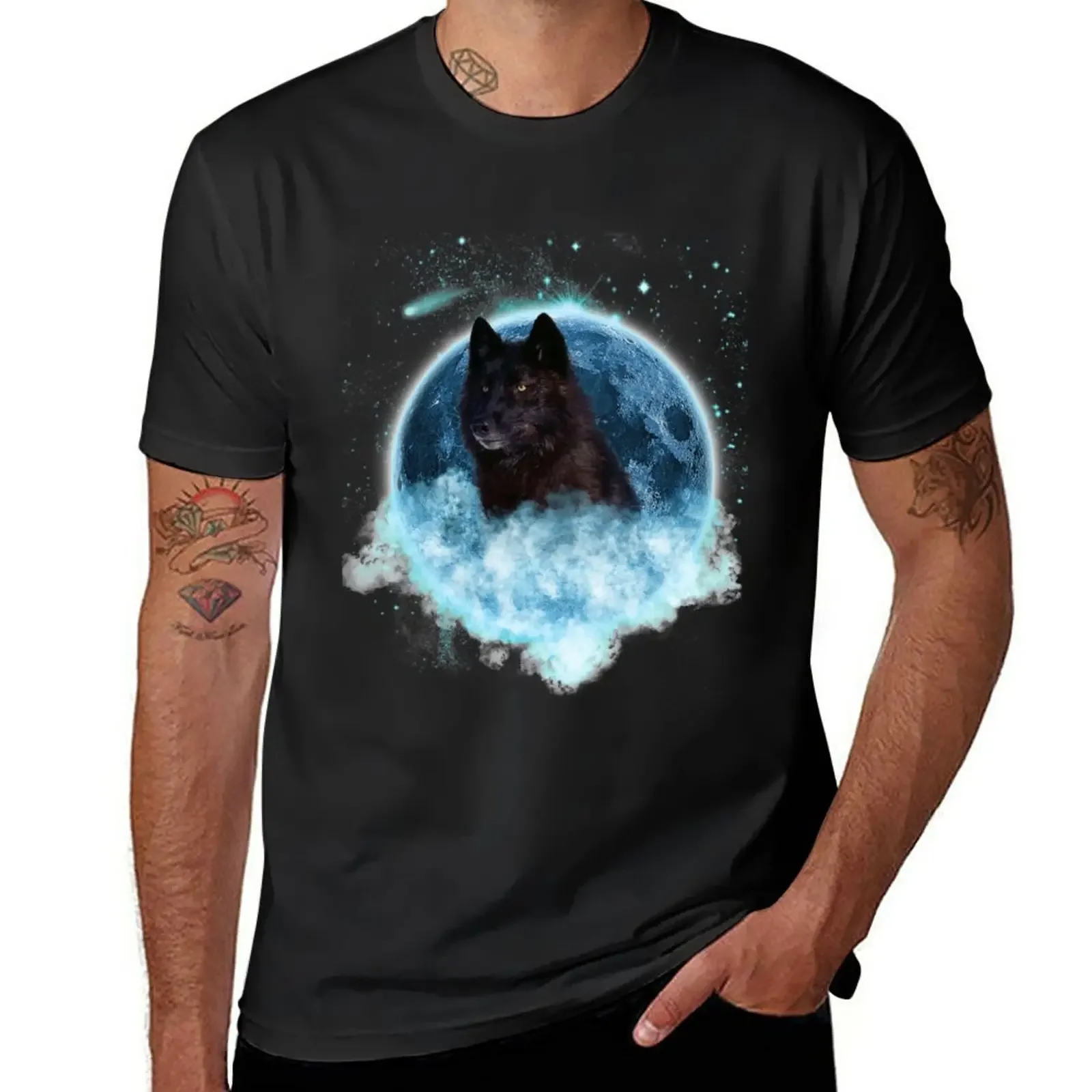 

Black Wolf Blue Moon Dream Catcher T-Shirt graphics summer top heavy weight t shirts for men