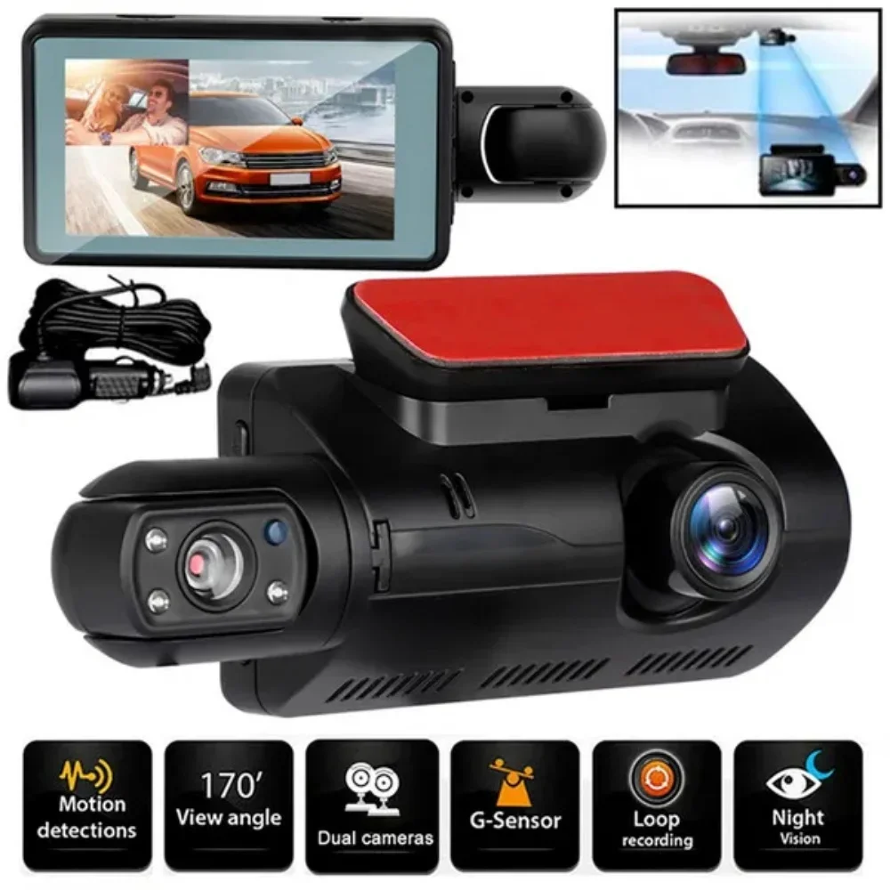 Dash cam with 170-degree view, G-sensor, loop recording, and dual cameras for night detection and wide vision.