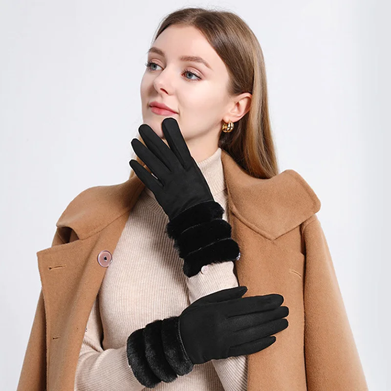 

Solid Color Suede Gloves Elegant Fleece Lining Girl Full Finger Mittens Soft Furry Touch Screen Glove Winter Thicken Warm Mitten