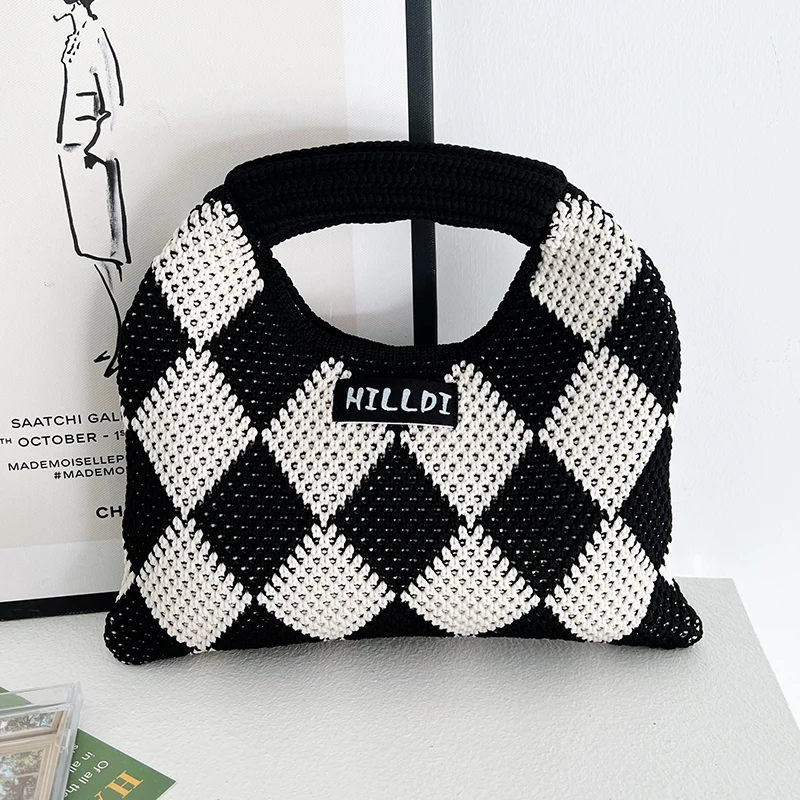 Soft Handwoven Diamond Lattice Knit Small Top Handle Bag Contrast Color Plaid Mini Tote Cute Y2K INS Style Minimalist Wholesale