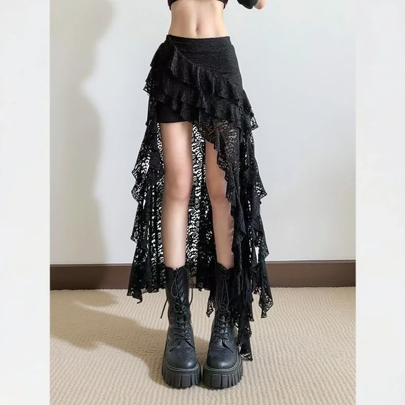 L-4XL Large Size French Irregular Lace Splicing Sexy Elegant Skirt