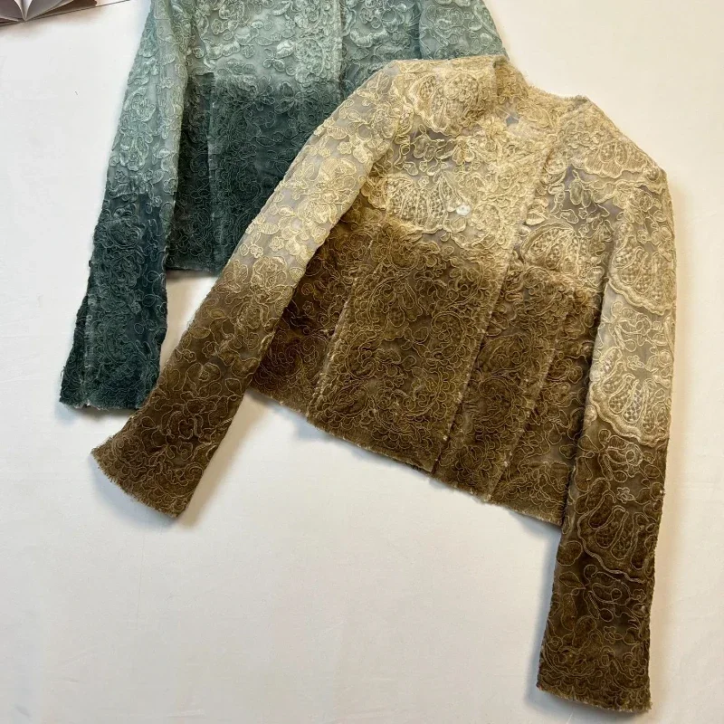 

2023 Top Quality Unique Designed Gradient Latte Color Autumn Mesh Lace Embroidery Right Shoulder Slim Fit Jacket for Women