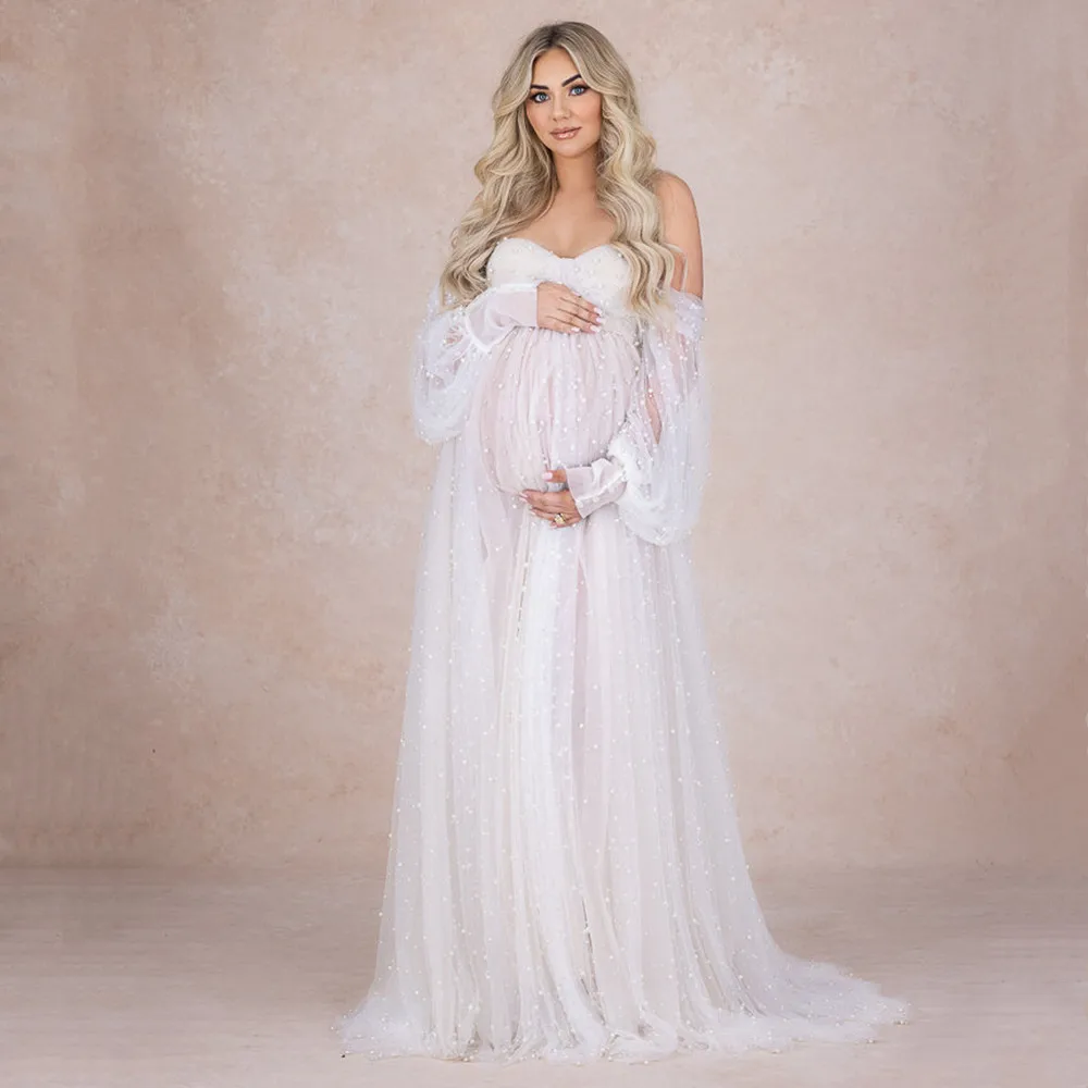 

Жемчужное Тюлевое длинное платье для фотосессии для беременных платье макси Тюлевое платье с жемчугом для фотосъемки беременных