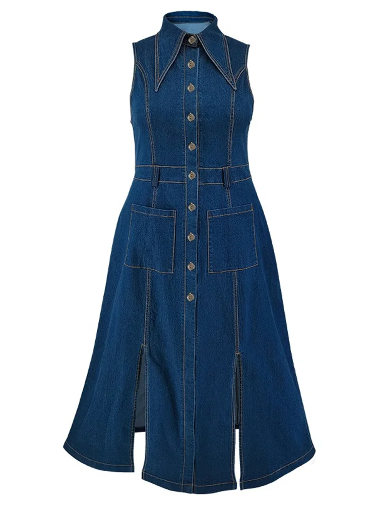 Wmstar Plus Size Denim Dresses Women Clothes Sleeveless Casual Button Pockets Slip Hem Maxi Dress New in Wholesale Dropshipping