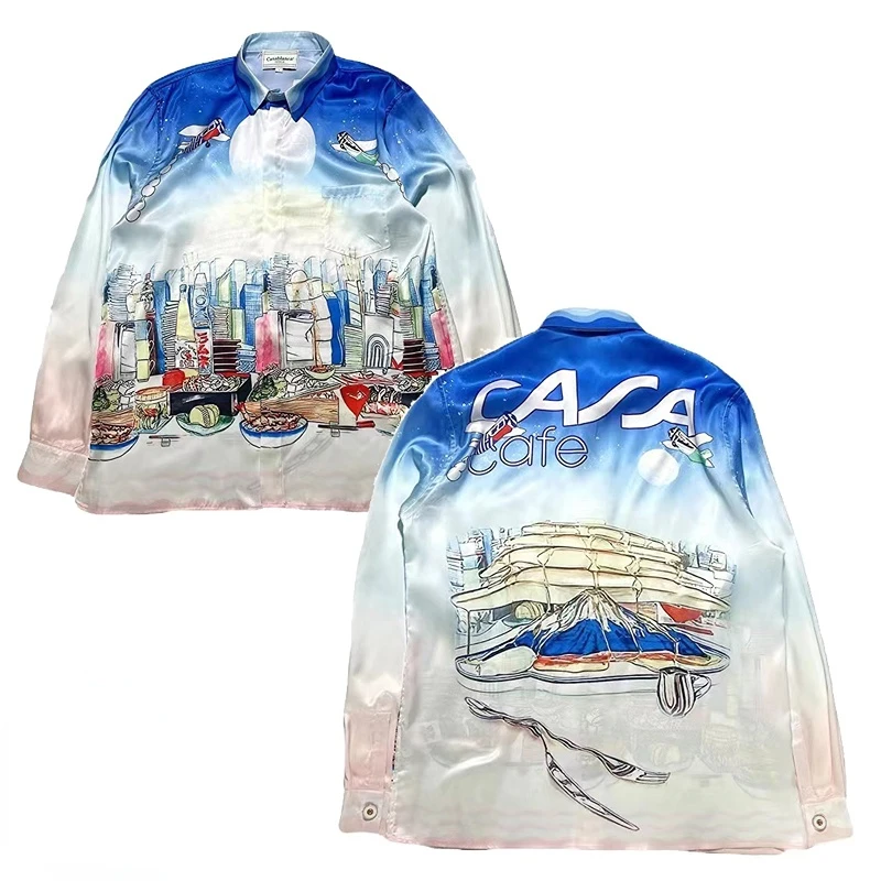 

High Quality CASABLANCA Silk Shirt Tokyo Landscape Plane Japanese Gradient Long Sleeve Shirt