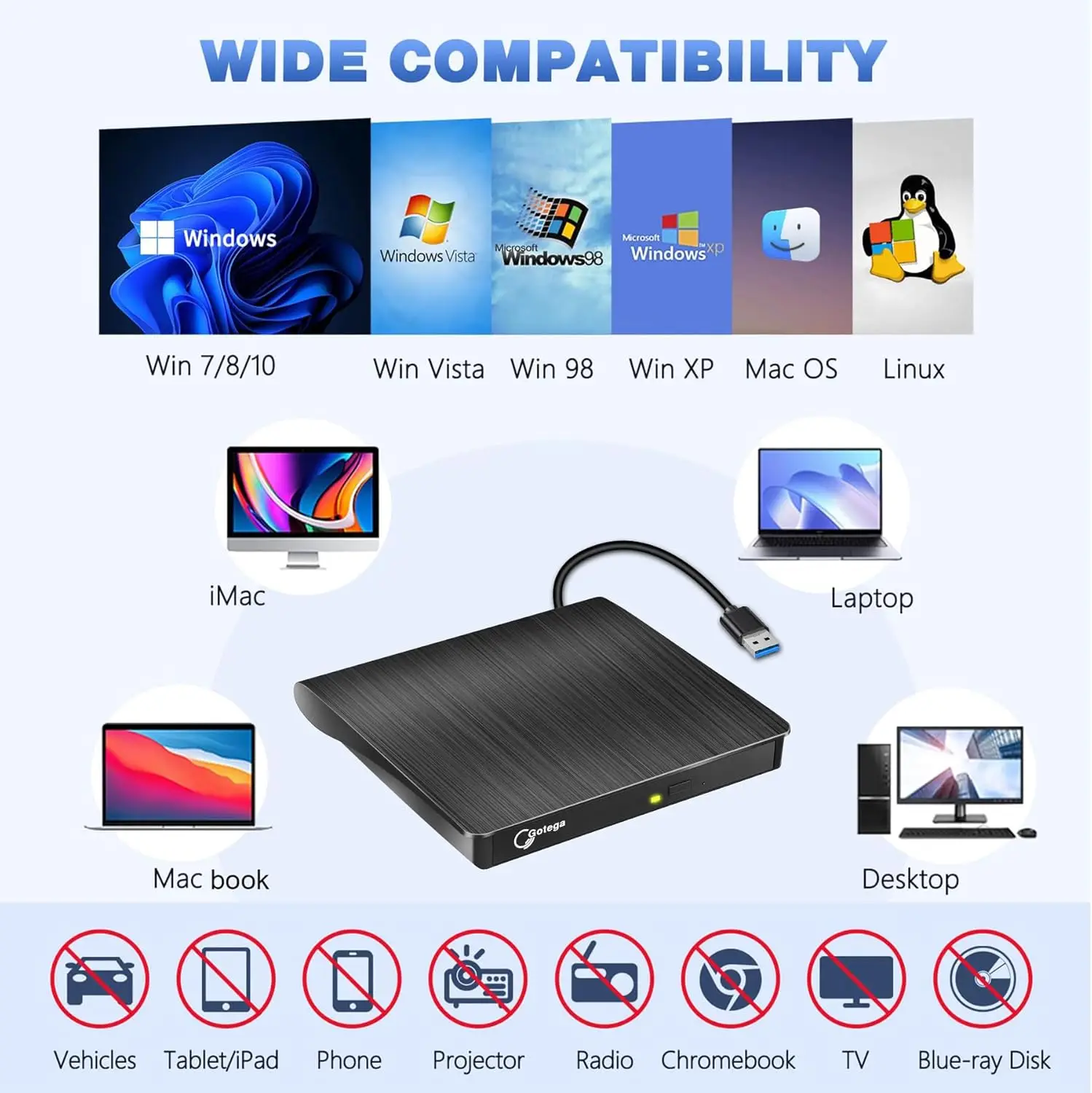 External DVD Drive USB 3.0 Portable +/-RW, CD ROM Burner for Laptop Desktop PC Windows Linux Mac Black 4